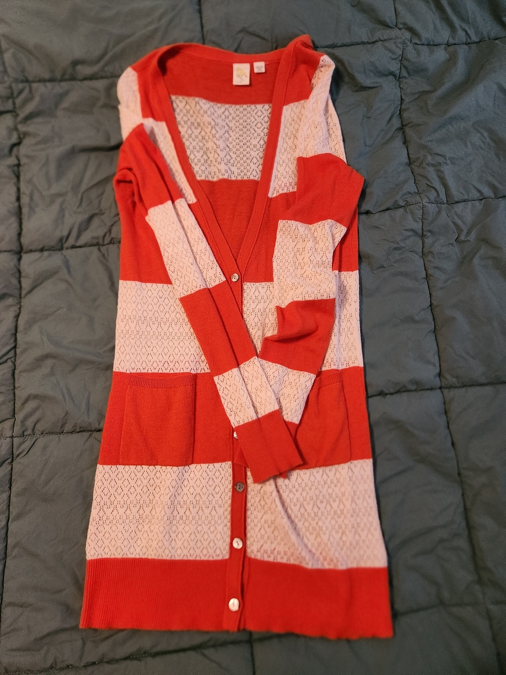 Anthropologie Red and Cream Striped Openwork Long Cardigan